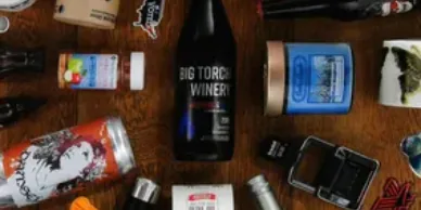 Product labels on bottles, jars and cans.